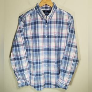 Vineyard Vines Slim Fit Tucker Shirt Men's Size Medium Blue Pink Plaid Pocket